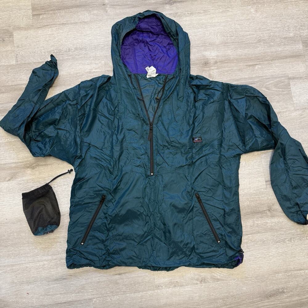VTG Helly Hansen Anorak Rain Coat Jacket L Green Zip Hood Windbreaker Packable